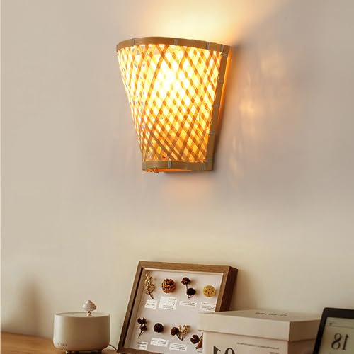 Schindora Wandleuchte Innen Boho,Rustikaler Bambus Wandlampe Innen, Korbform Wandleuchte Innen Handgewebter Lampenschirm Bauernhaus E27 Wandlampe FüR Wohnzimmer,Esszimmer,Schlafzimmer,Heim