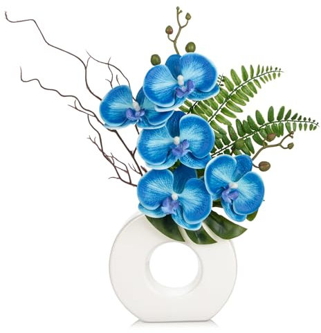 Oairse Artificial Orchid Flowers 41cm Blue Orchid Silk Flowers with Ceramic White Vase Faux Phalaenopsis Flower Arrangement for Home Office Kitchen Table Centerpiece Decoration