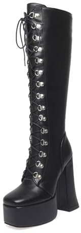 Stivali 14 Cm Stivali Tacco Grosso con Punta Quadrata E Plateau Moda Donna Tacchi Alti Tacchi Alti Stivali Unisex per La Primavera E L'autunno,Nero,35 EU