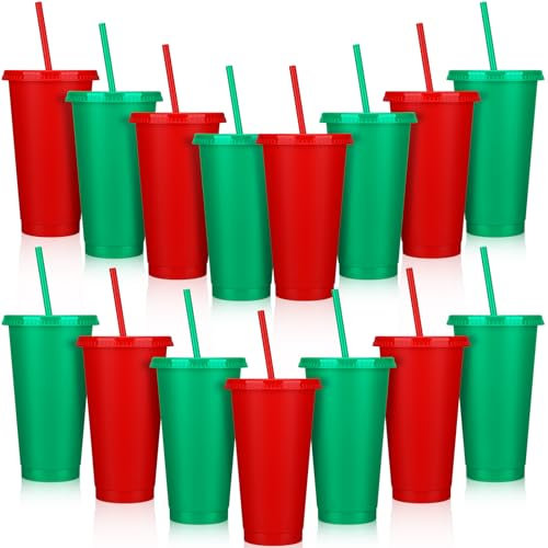 Hushee 15 bicchieri natalizi con cannuccia e coperchio, riutilizzabili, 680,4 g, bicchieri di plastica rossi e verdi, per regali di Natale, decorazioni per feste di Natale, forniture per feste di
