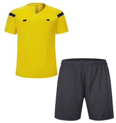 DRHOM Mens Boys Soccer Referee Shirt Short Sleeves Jersey Basketball Football and Shorts Clothing Set Uniforms, Yellow, M
