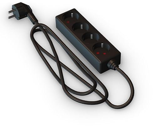 Multiprise Noire à 4 Prises Schuko sans Interrupteur, 3 m H05VV-F 3G1,5 m㎡, Base 4 Prises