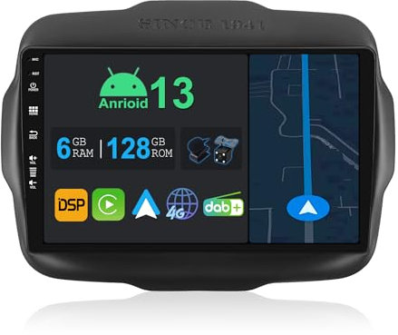 YUNTX 9 pollici Android 14 Autoradio per Jeep Renegade 2015-2018 | Octa Core | 6GB 128GB | Integrato 4G LTE | CarPlay&Android Auto | DSP | DAB | HDMI | Dual Band WIFI | Bluetooth 5.0 | GPS