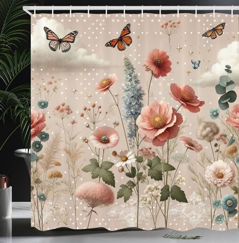 ABAKUHAUS Blumiger Eukalyptus Duschvorhang, Frühlingsblühender Garten mit Blütenblättern und Schmetterlingen, Stoffliches Gewebe mit Haken, 175 x 180 cm, Rose Warmes Taupe Grün