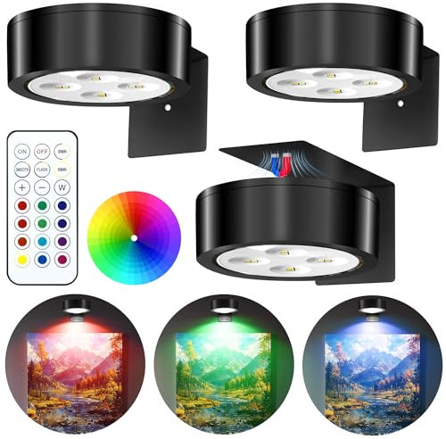 3 Pezzi Luce per Quadri Magnetiche, 13 Modalità di Colore RGB Lampada a Parete con Batterie Wireless LED, con Telecomando Luce per Quadri, per Display artistici, Cornici, Ritratti - Nero RGB