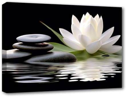 LZIMU Zen Leinwandbilder weißer Lotus und schwarze Zen Steine blühen im Wasser Bilddrucke für Yoga Spa Meditation spirituelle Raumdekoration (Zen-1,(60.00 x 90.00 cms))