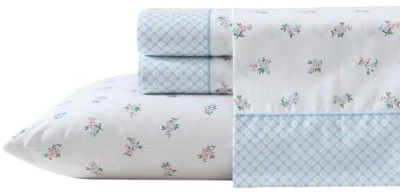 Laura Ashley Bettlaken für Doppelbett, Baumwoll-Perkal-Bettwäsche mit passendem Kissenbezug, knackiges und kühles Bettwäsche-Set mit tiefer Tasche, Öko-Tex-Zertifiziert, Schlafsaal Essentials