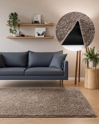 Interiyou Hochflor Teppich Sofia - 360x460 cm Taupe - flauschig und einfarbig - waschbar und rutschfest - weicher Langflor