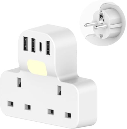 UK to European Plug Adapter with 4 USB(1 USB C),SHUOMAO 2 Way Grounded UK to EU Plug Adapter with Night Light,Travel Adapter UK to Europe for Germany France Spain Turkey Greece Turkey etc(Type E/F)