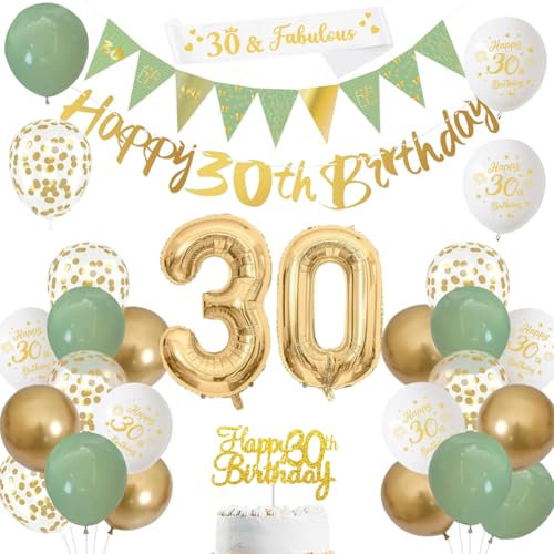 30th Birthday Decorations for Men Women,Sage Green Gold White 30th Birthday Banners Balloons Cake Topper Sash Bunting Flags Number Helium Balloons for Her Him 30th Party Decor