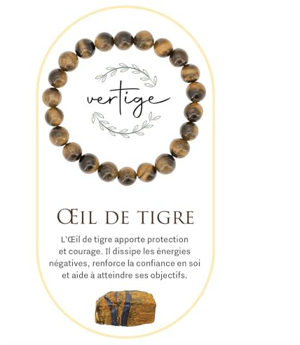 VERTIGE Bracelet de lithothérapie Œil DE TIGRE, Pierres 8mm Minérales, Source de bien être, Apporte AMBITION et CONFIANCE EN SOI, Bracelet Femme/Homme