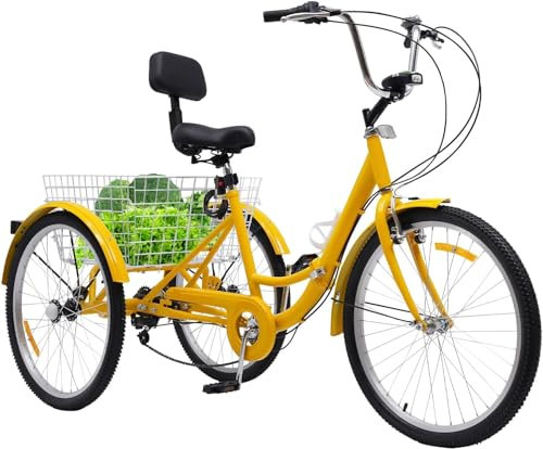 24 Zoll Faltrad Dreirad, 7-Gang 3 Rad Fahrrad mit Korb Rückenlehne und Wasserbecherhalter 3 Räder Fahrrad für Erwachsene und Seniorenrad (Gelb)