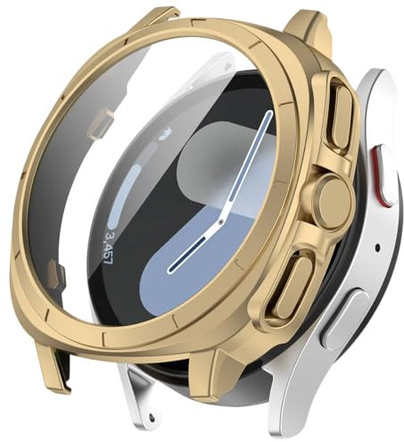 Miimall Custodia per Samsung Galaxy Watch 7 44mm, Robusta cover in PC Anti-Shock, Pellicola in Vetro Temperato, Supporto per la Ricarica Senza Fili, Cover Protettiva per Galaxy Watch 7 44mm, Oro