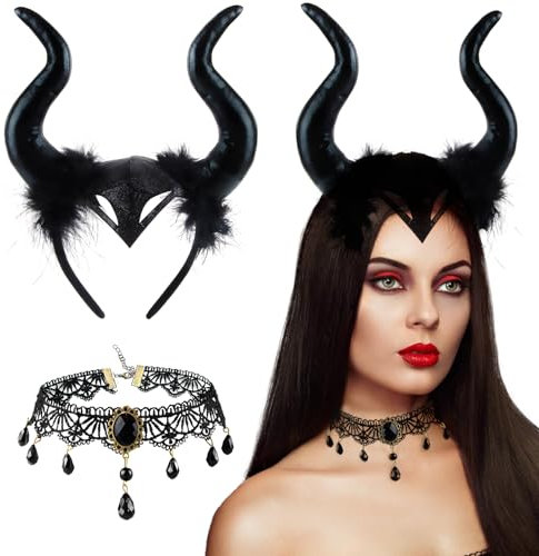 XIMEY Hörner Kopfschmuck, 2 Pcs Königin Hörner mit Gothic Retro Spitzenhalskette, Teufel Haarschmuck, Hörner Haarreif, Halloween Damen Kostüm für Karneval, Maskerade, Cosplay, Karneval (Schwarz)