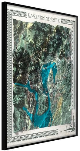 KunstLoft Poster 'Raised Relief Map: Eastern Norway' 20x30cm | Schwarzer Bilderrahmen | Full-HD-Druck auf hochwertigem Papier