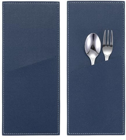 sourcing map 2 Pcs Leather Cutlery Sleeve Silverware Utensil Holders Knife and Fork Bag Pouch Flatware Storage Sleeves for Dinner Table Home Kitchen Table Decoration, Dark Blue