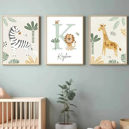 Youihom 3 Cuadros Animales Infantiles Laminas Personalizadas Nombre Bebe Cuadros Infantil Safari León Jirafa Cebra Poster Habitacion Niño Verde Decorativa Bosque Lienzo (YHH010-50x70cm)