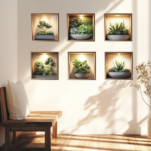 GOMAKERER 2 fogli Adesivi Murali Piante Verdi 3D, 6 Stile 3D Verde Vaso Pianta Succulenta Adesivi Casa Sfondo Paesaggistica Adesivi Murali Decorativi per Camera Da Letto Soggiorno Soggiorno