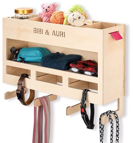 INEXTERIOR Hundegarderobe XXL - aus Holz - Handgefertigt in Deutschland - Mit großer Ablage und Kotbeutelspender - Garderobe für Hundeleinen (Natur + Personalisierung)