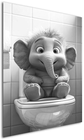 DRO Design Elefant – 20x30 cm – Lustiges Schwarz-Weiß Wandbild für WC & Badezimmer – Humorvolle Baby-Tier Kunst für Gäste-WC - Moderne Wandkunst mit Humor, Wanddeko für Toilette