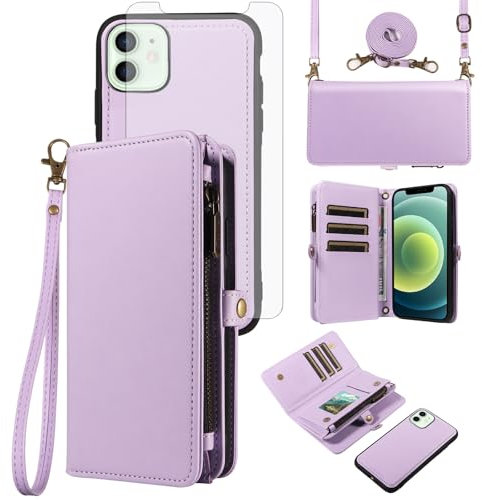 Phone Case for iPhone 12 Pro iPhone12 6.1 Zipper Wallet Detachable Cell Cover with Tempered Glass Screen Protector Crossbody Lanyard Strap Flip Card Holder Slot iPhone12pro 5G i 12s 12pro Purple