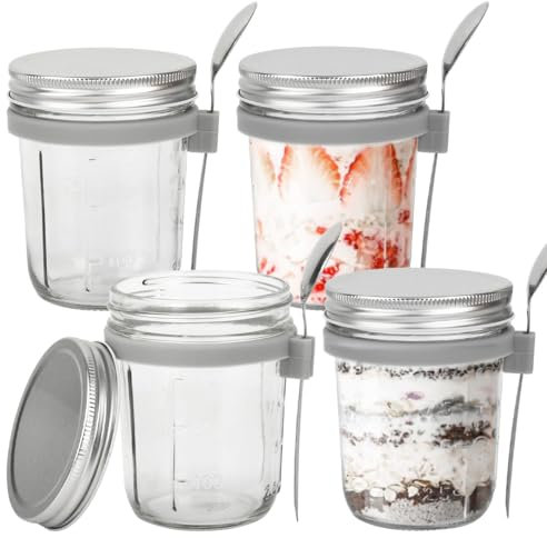 CENBEN 2Pack 350ml Overnight Oats Jars with Lids and Spoon,12oz Airtight Breakfast Jars with Measurement Marks, Gass Breakfast Pots Jar Yogurt Cup Jar for Chia Pudding Canned Fruit Milk Cereal