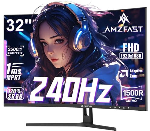 Amzfast Monitor Curved Gaming 32 Pollici - 240Hz, 1ms MPRT, Aaptive Sync, HDR10, DCI-P3 90%, Anti-Flicker, Low Blue Light (HDMI 2.0/DP 1.4, VESA 75x75) FHD (1920x1080) AMZG32C3F