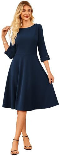 GRACE KARIN Women's Summer Office Flared A-Line Dresses 3/4 Sleeve Cocktail Party Dress for Going Out Navy L
