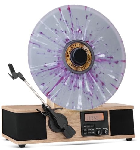 Fuse Tocadiscos Vertical Envolvente con Soporte para Portada de álbum, Reproductor de Vinilo Moderno de Mediados de Siglo con Altavoces Integrados y Bluetooth, Radio FM, Tocadiscos de Audio para el