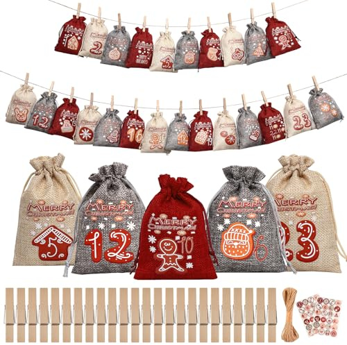 Gucass 24 Adventskalender zum Befüllen, Weihnachtskalender Stoffsäckchen Selberfüllen, DIY Adventskalender Tüten Selbst Basteln Stoffbeutel, 2026 Weihnachten Advents Säckchen