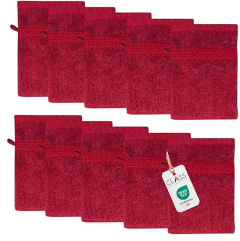 Class Home Collection Frottee Waschhandschuhe 16x21 cm – 10er Set Waschhandschuh – Besonders weiche & saugfähige Waschlappen aus 100% Baumwolle mit Aufhänger – Rot