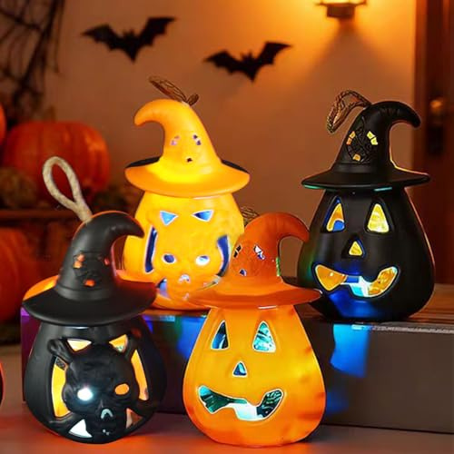 4 Stück Halloween Deko Kürbis Laterne, LED Kürbis Kerze, Halloween Herbstdeko Innen Outdoor, Kürbislaterne zum Aufhängen Herbst, Kürbis Deko Windlicht für Innen Außen Halloweens Herbst Deko
