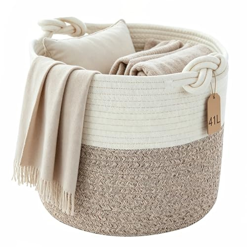 Woven Laundry Basket, Cotton Rope Toy Storage Baskets, Blanket Basket Living Room, Soft Woven Storage Basket with Handle, Toy Baskets for Kids & Pets, Children's Room, Playroom, Nursery - 38 x 36 cm