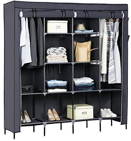 Kleiderschrank Stoff Faltbarer Und Mobiler, Stoffschrank Stabil mit Kleiderstange & Ablagen,Stoff Faltschrank für Schlafzimmer, Ankleidezimmer Garderobe mit Kleiderständer,Grau,168x180x43cm