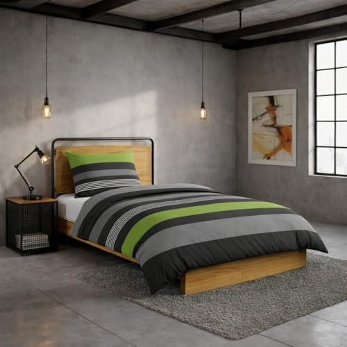 Casa Colori Flanell Bettwäsche 135x200 2tlg. Baumwolle Grau Grün Gestreift