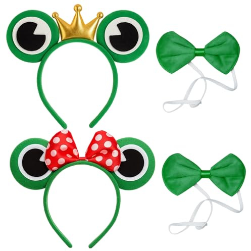 ZocRjvN 4 Stück Set Froschkönig Kostüm, Lustige Kostüme für Fasching und Karneval, Frosch Haarreif und Grüne Fliege für Damen