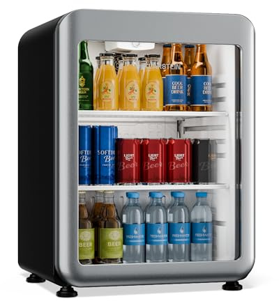 Klarstein Audrey Evo Getränkekühlschrank 65 L – Getränkekühler mit Glastür, LED-Beleuchtung, einstellbare Temperatur 0–10 °C, 2 Regalböden, leiser Betrieb