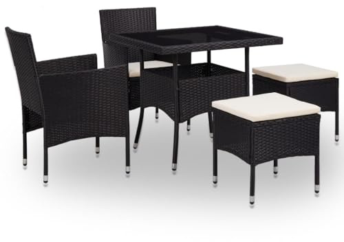 sephironlbb 5-TLG Gartenmöbel Set Essgruppe Schwarz Poly Rattan mit Glasplatte und gepolsterten Kissen, wetterfestes Outdoor Sitzgruppe für Balkon Terrasse