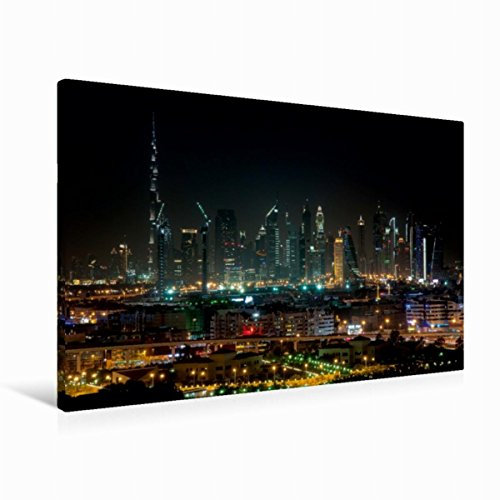 Premium Textil-Leinwand 90 x 60 cm Quer-Format Dubai Skyline @ Night | Wandbild, HD-Bild auf Keilrahmen, Fertigbild auf hochwertigem Vlies, Leinwanddruck von Peter Härlein