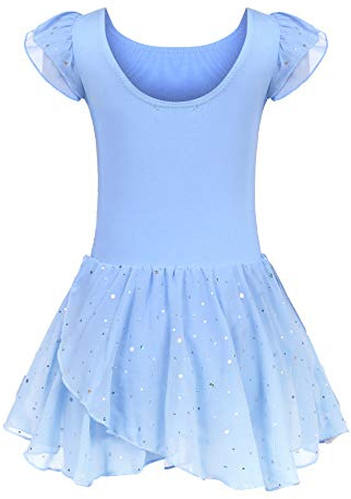 Trudge Children's Ballet Dress, Girls’ Short-Sleeve Cotton Ballet Leotard Body with Tutu Skirt, Blue, 9–10 Years