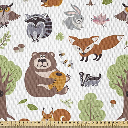 ABAKUHAUS Wald Satin Stoff als Meterware, Doodle Waldtiere, Zum Nähen Toller Stoff für Heimtextilien Aller Art, 3M (148x300cm), Grün Hellbraun