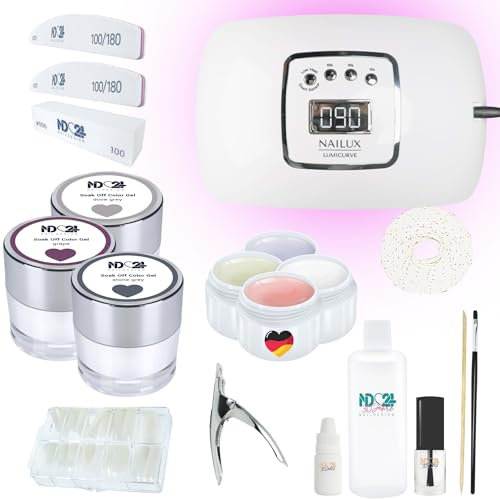 ND24 NailDesign – Gelnägel Starter Set Premium mit LED Haftgel, Aufbaugel, Frenchgel, Versiegelungsgel, LED-Lampe & Zubehör + Nude Gele – Komplettset für Anfänger geeignet – LED Gele Made in Germany
