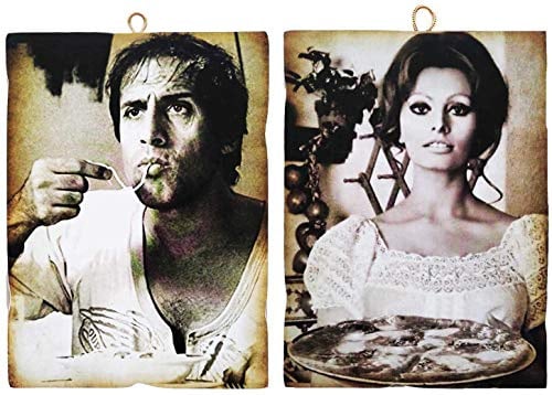 KUSTOM ART Set mit 2 Bildern im Vintage-Stil, berühmte Schauspieler - Adriano Celentano und Sofia Loren - Druck auf Holz für Restaurants, Pizzeria, Traktorie, Bars, Hotels, Locanda, 2 Stück