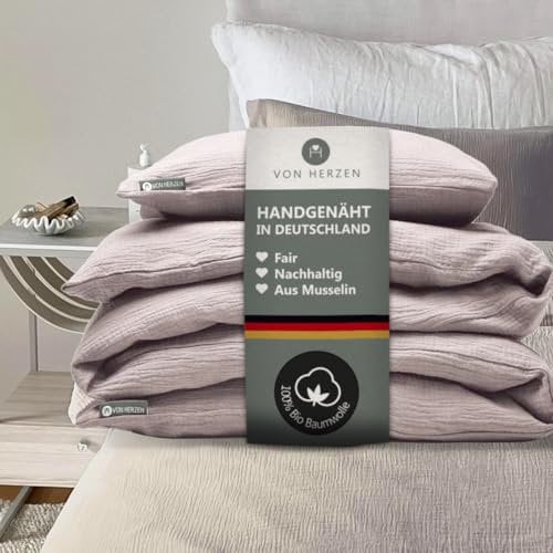 von Herzen Musselin Bettwäsche I weiche Bettwäsche I 100% Baumwolle I Bezug für Bettdecke + Kissen I Bettwäscheset mit Reißverschluss für Erwachsene I handgenäht I Taupe 135x200 & 80x40