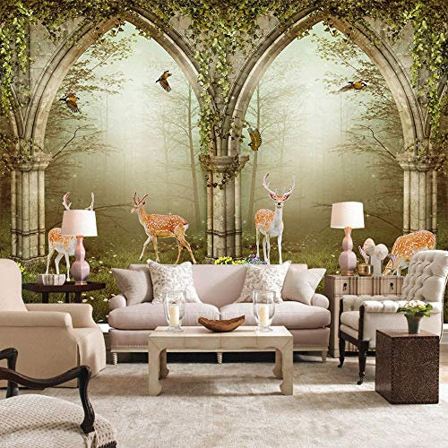 TIANZXS European Flower Vine Doors Foggy Forest Deer Fototapete für Wohnzimmer TV Sofa Hintergrund Wand Vliestapete -300x210cm