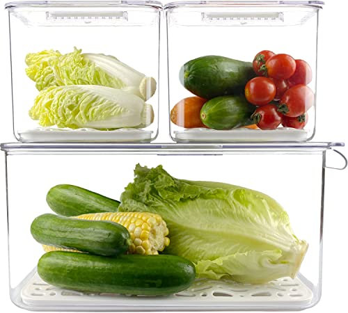 MYXKHYLL Set mit 3 Kühlschrank-Organizern, Frischprodukte, Aufbewahrungsbehälter für Gemüse, Obst, stapelbar, transparent, Kühlschrank-Organizer-Behälter mit Lüftungsschlitzen, Deckel, Ablaufschale,