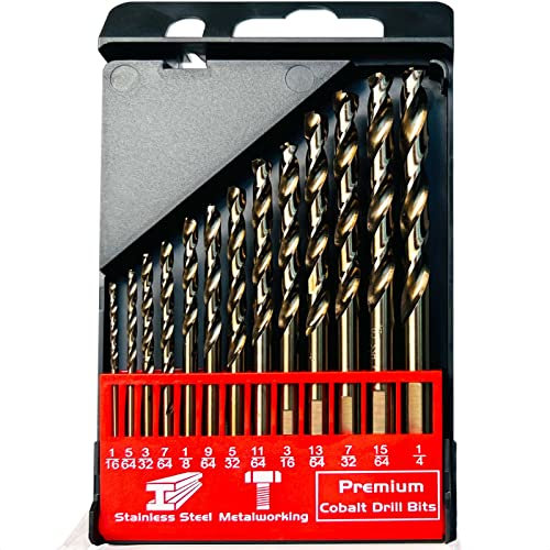 STROTON Juego de brocas de cobalto (1/16-1/4 pulgadas, 13 piezas), brocas giratorias de acero de alta velocidad M35 para acero inoxidable, metal duro, hierro fundido, plástico y madera