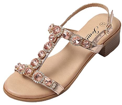 JOMIX Sandali Donna Eleganti Sandali Donna Estive Comodi Sandali Bassi Gioiello con Tacco Largo SD8203-17 (Rosa, 38)