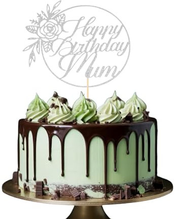 Happy Birthday Mum Cake Topper DOUBLE SIDED Glitter Card Party Decoration Cake Toppers (SILVER)