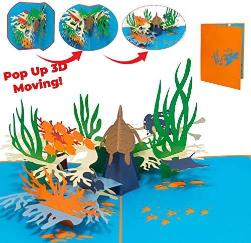 LINPOPUP® Pop-Up Karte Tauchen - Gutschein für Tauchausrüstung, Tauchkurs, als Geburtstagskarte, Reisegutschein Meer, Geschenk für Taucher, 3D Grußkarte als Geldkarte mit Schildkröte, Fisch, N82